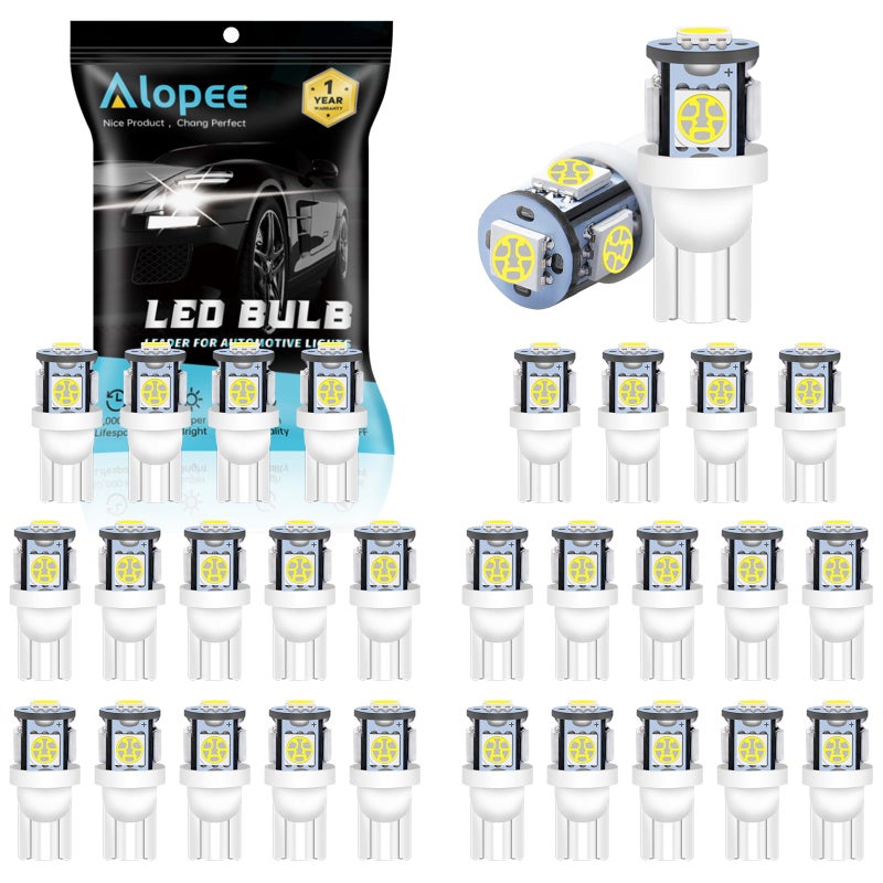 Alopee 30 Pack 194 Led Bulb White 6500K T10 Led Light Bulbs 5SMD 5050 Chips 2825 168 158 501 W5W Automotive Replacement for Car Dome Map Door Courtesy Trunk Light DC 12V - Image 1